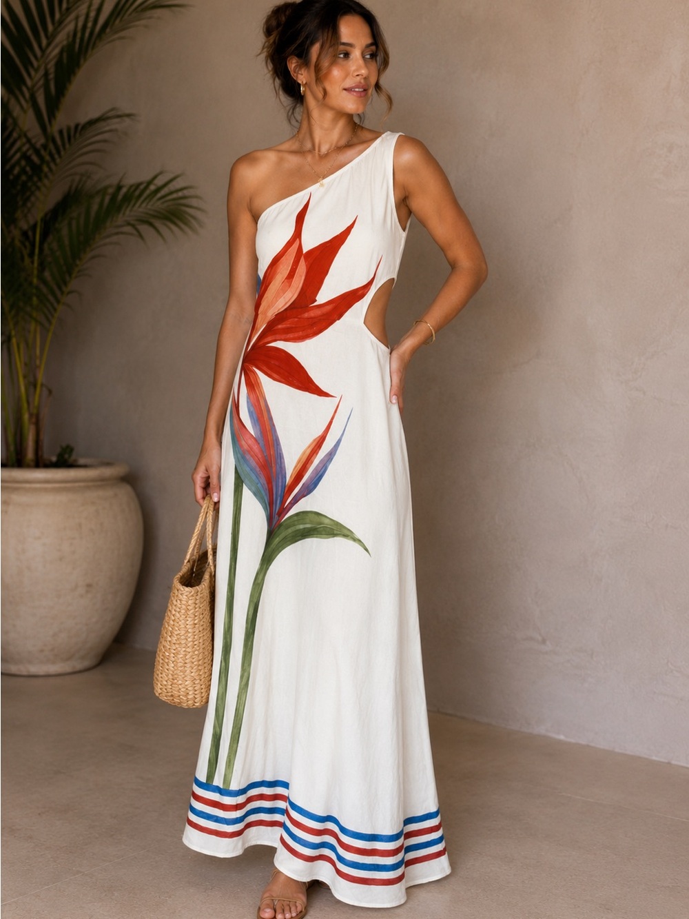 NWT Popvil Island One Shoulder Long Dress Med Ladies Tropical Maxi